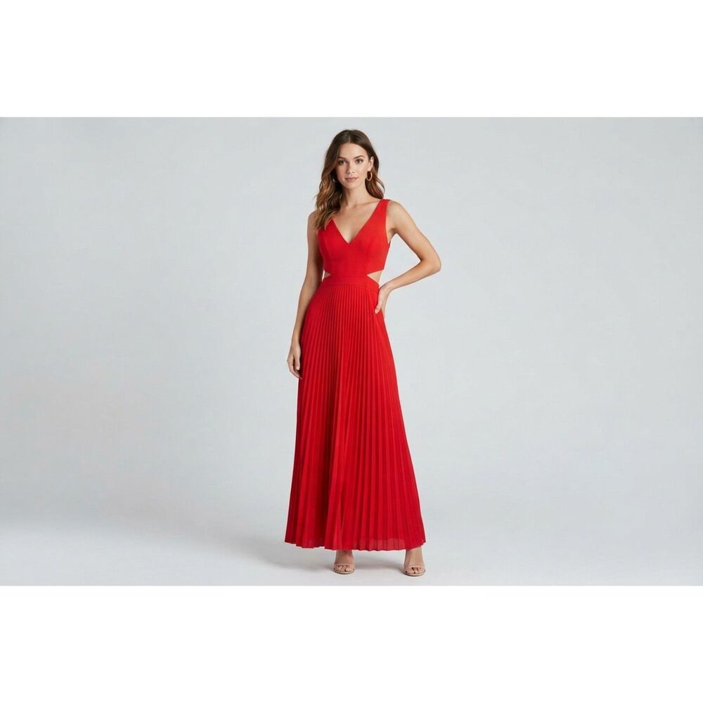 Xscape red formal cut out maxi dress with pleated skirt size 6